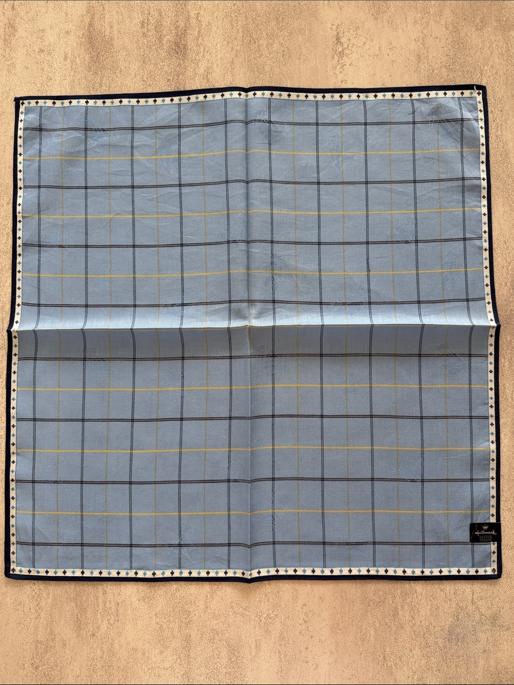 Hallmark Light Blue Windowpane Pocket Square with Navy & Yellow Accents